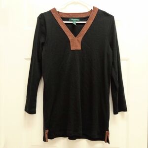 Lauren Ralph Lauren Tunic Top Medium Black Faux Suede Trim V Neck Preppy Classic